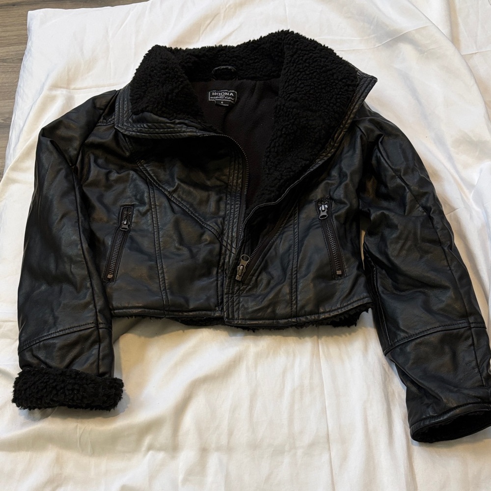 Black Faux Leather Sherpa-Lined Cropped Jacket
